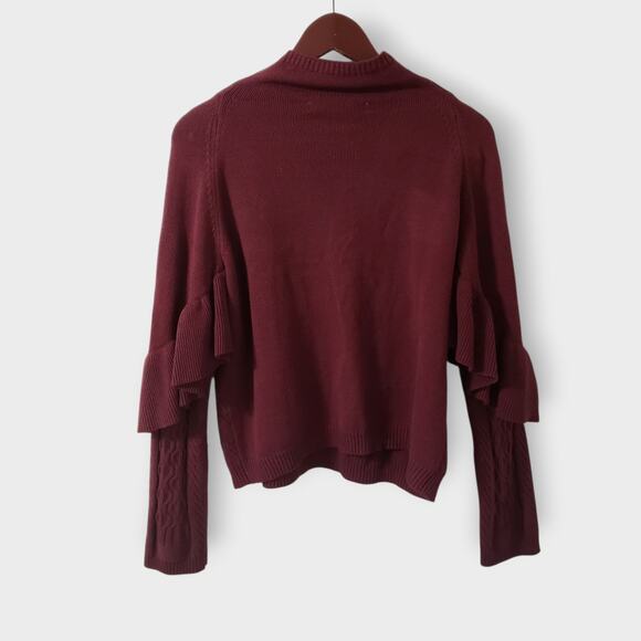 Project Naadam Cable Knit Ruffled Draped Turtleneck Sweater Burgundy Sz Medium - Picture 4 of 11